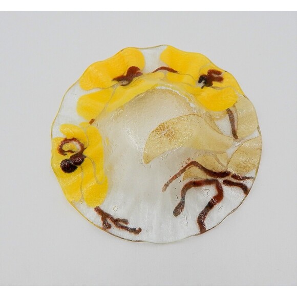 Sydenstricker Fused Glass Yellow Orchid Flower Ruffled Bowl Trinket 6-3/4 Inch - Picture 4 of 6
